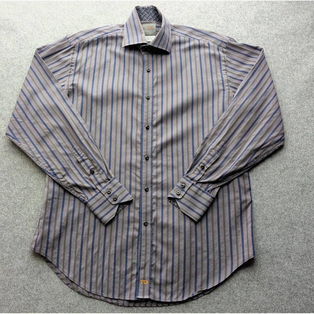 TD Thomas Dean Shirt Men's Cotton Long Sleeve Button Up Stripes  Size M Grey/Blu